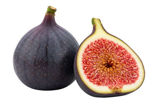 Two perfectly ripe common figs, one whole deep purple, one halved with vibrant crimson pulp and golden seeds, isolated on a transparent background with copy space, soft shadows, sharp focus. Concept