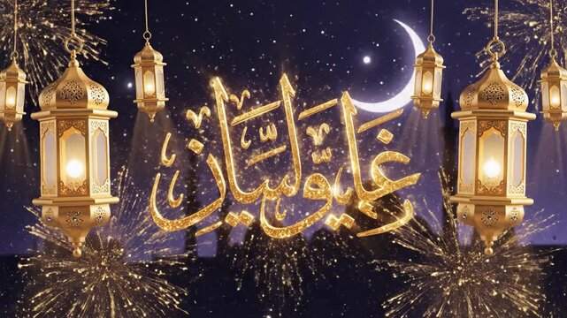 A visually rich and elegant animation featuring a layered paper-cut style design with opulent golden motifs set against a serene deep purple background. Decorative lanterns, inspired by traditional fa