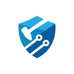 This is a logo design that depicts a shield with a sledge hammer with two node transistor lines that looks clean in blue color on a white background. It can be used for cyber protection logo. 