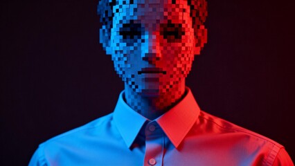 Pixelated face in blue and red lighting