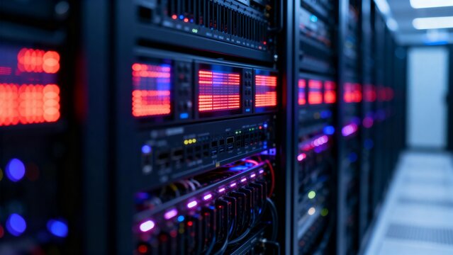 Server racks with illuminated panels in data center - Powered by Adobe