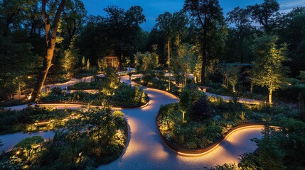Illuminated park pathways at night, winding through gardens