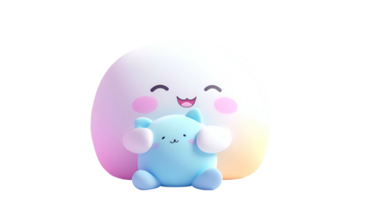 3D-rendered happy, pastel creature hugging a smaller blue creature, with a black background