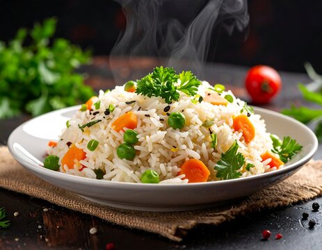 Steaming white rice dish with colorful vegetables and garnish