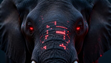 Elephant with glowing red eyes and digital patterns