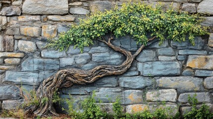 Twisted tree sculpture against a stone wall