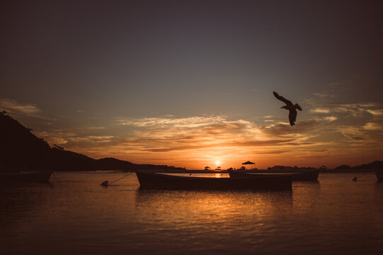 Praia Guarda do Emba&uacute; ao amanhecer com vista para barcos - Palho&ccedil;a - Santa Catarina - Brasil