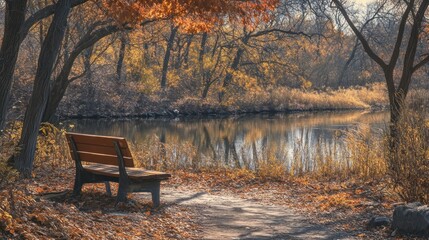 Autumn park bench by serene river