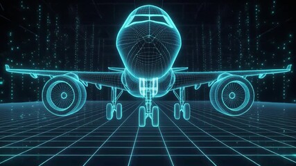 Neon-lit airplane with a futuristic design and grid pattern on the ground, set against a dark background with binary code, captured in a cinematic digital illustration. - Powered by Adobe
