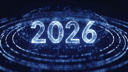 Futuristic Digital "2026" Text with Glowing Particles and Circuit Board Elements, Technology Concept