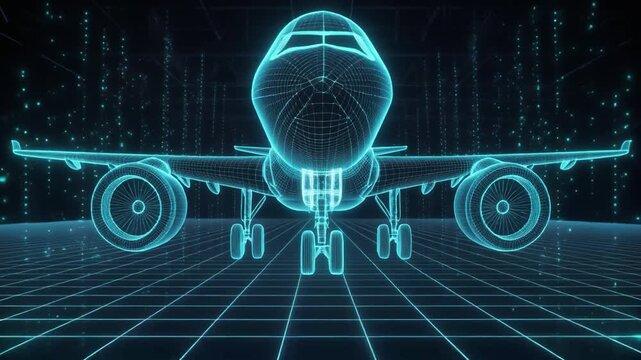 Neon-lit airplane with a futuristic design and grid pattern on the ground, set against a dark background with binary code, captured in a cinematic digital illustration.