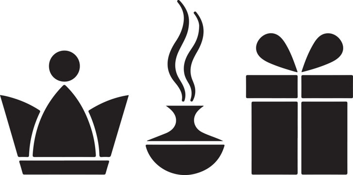 Set of silhouettes representing gifts of magi showing crown frankincense and golden present box icon