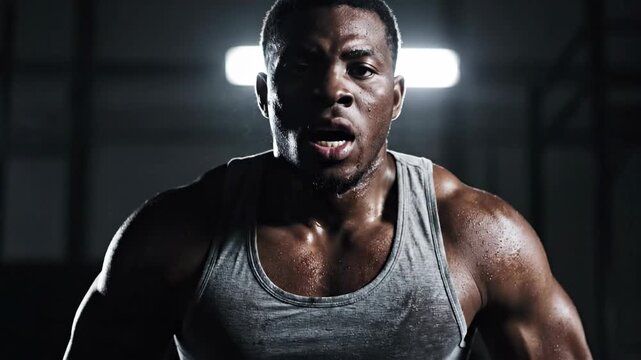 Muscular man in a gray tank top exercising in a dark gym.