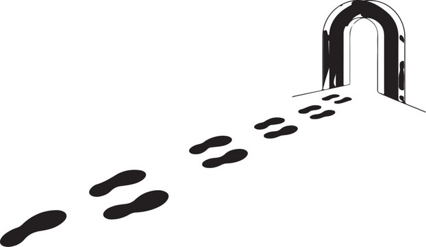 Footprints leading to open doorway arch representing journey path or new beginnings silhouette style