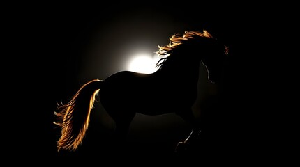 A fire horse presented in an intense jet black silhouette against strong backlighting