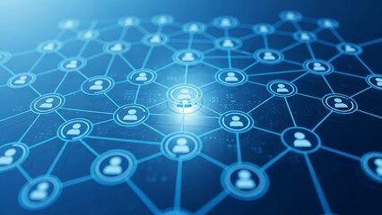 Abstract Digital Network of Connected User Icons with a Central Highlighted Node, Community Concept