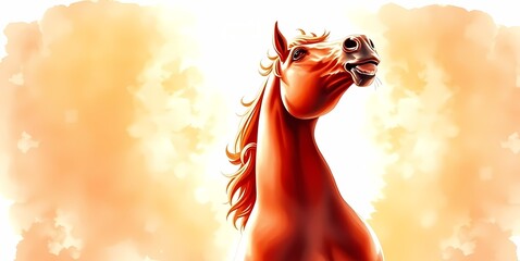 Illustration of a horse, low perspective. Bright sky background.