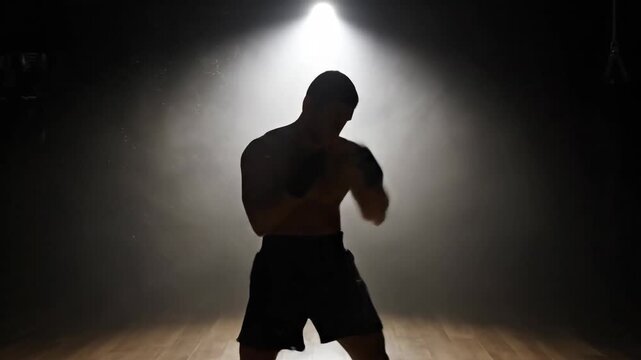 Silhouette of a boxer in a fighting stance under spotlight.