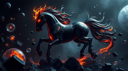 An intense, jet black futuristic sci-fi Chinese zodiac fire horse amidst advanced technology and space elements, rendered in pure black with deep shadows.