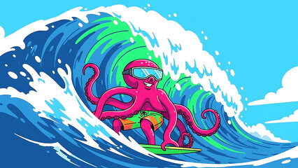 octopus surfing a large vibrant blue wave on a surfboard embodying a fun summer vacation and active ocean lifestyle for marketing designs.