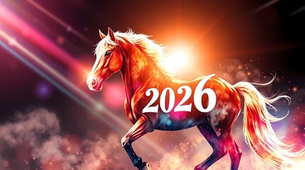 Bright lens flare dreamlike surreal imagery watercolor illustration of a horse with text 2026, zodiac sign Year of the Horse, New Year's card.