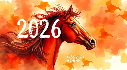 year of the horse, 2026. Illustration of a horse in front of a yellow and orange background.