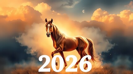 Intense dramatic illustration, warm golden glow of a horse with 2026 text. Chinese New Year theme.