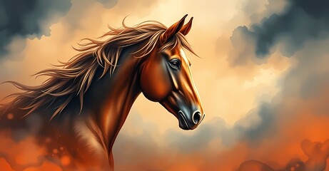 Beautiful dramatic illustration of a horse in front of a colorful background. Year of the horse.