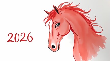 Red horse illustration, watercolor, zodiac, year of the horse, new year's card, with the text 2026. Chinese New Year illustration.