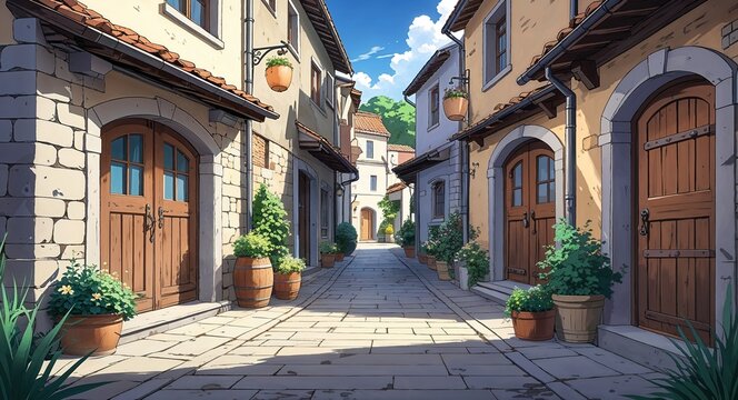 Quiet street with stone buildings and rustic doors anime cartoon illustration background scene