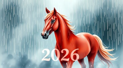 Watercolor illustration of a red horse, set in a wet, rainy scene with an ethereal, spiritual vibe, representing the zodiac year of the horse, 2026