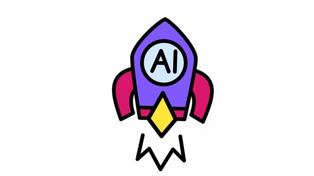 AI Rocket Launch Icon - Colorful Cartoon Symbol for Artificial Intelligence Progress, Tech Startup Growth, and Future Innovation