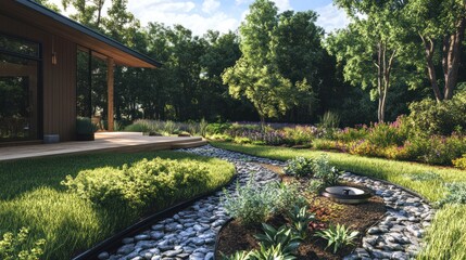 Modern wooden house, garden pathway, landscaping, lush greenery, sunny day