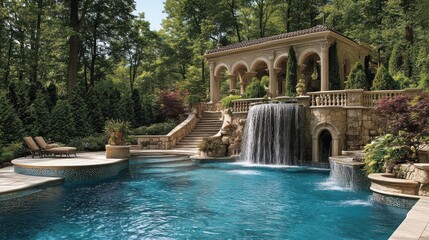Luxurious poolside gazebo with waterfall, lush landscaping, and elegant patio