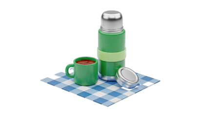 Green thermos and mug with lid on checkered surface