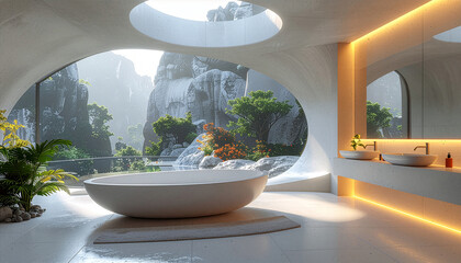 Luxurious modern bathroom with a breathtaking view of misty mountains and lush greenery, featuring a freestanding bathtub and illuminated vanity