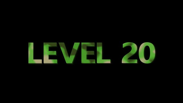 Level 20 text with camouflage pattern on black background lettering military