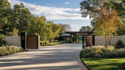 Modern home driveway entrance with gated entryway, landscaped grounds, and sky