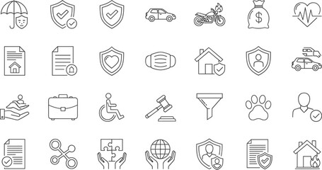Insurance protection icons set, health and safety symbols, car and home coverage, financial security, legal support, disability care, global protection services
