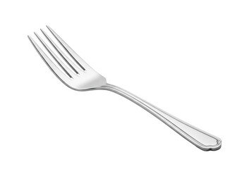 Pristine four-tined polished silver dinner fork, gleaming with intricate handle detailing, dynamically angled on a sterile white background, concept of minimalist elegance.