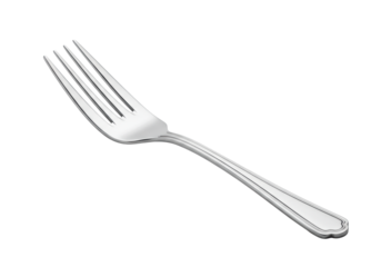 Pristine four-tined polished silver dinner fork, gleaming with intricate handle detailing, dynamically angled on a sterile white background, concept of minimalist elegance.