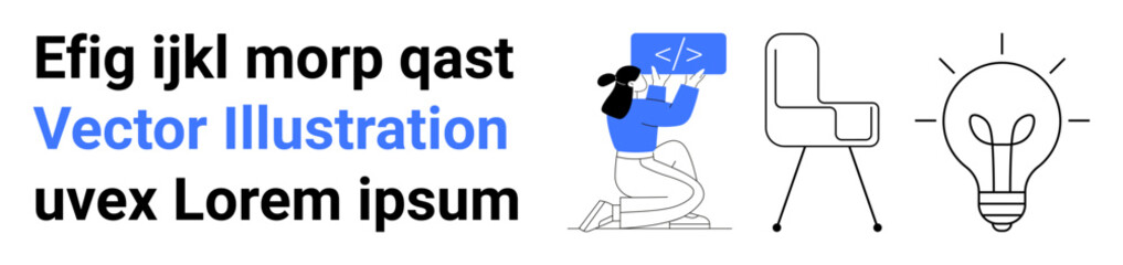 Technology, design thinking, innovation, coding, creativity, workspace concepts. Woman working with code, chair and lightbulb icon. Technology and creativity © robu_s