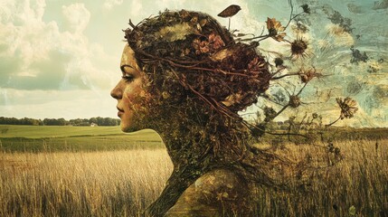 Woman in field, nature-inspired, ethereal portrait, rural landscape