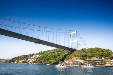 Bosphorus Bridge; also called 15 july martyrs bridge or 15 temmuz sehitler koprusu, seen from below. it's a bridge in Istanbul connecting Asian and European side.