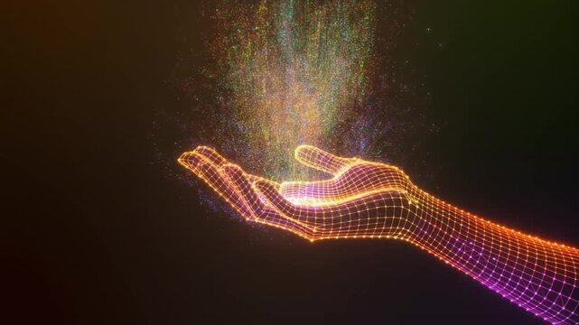 A glowing, wireframe hand with a vibrant, neon-like effect releases colorful particles into the air against a dark background with a futuristic and technological mood.