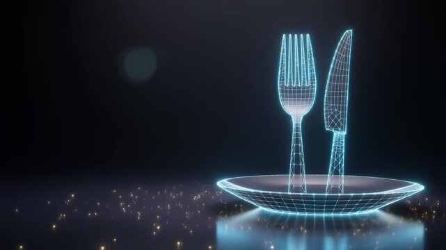 Glowing blue outline of a plate with a fork and knife on a dark reflective surface with scattered gold specks.