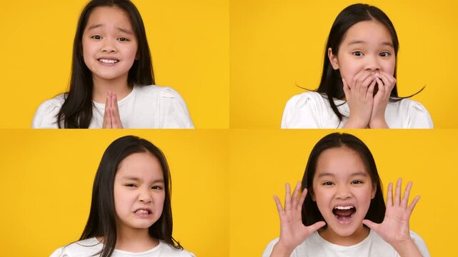 Asian girl shows a range of emotions, transitioning from a pleading look to surprise and excitement.
