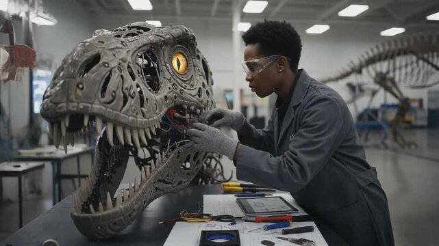 Special effects movie makeup artist works on dinosaur animatronic