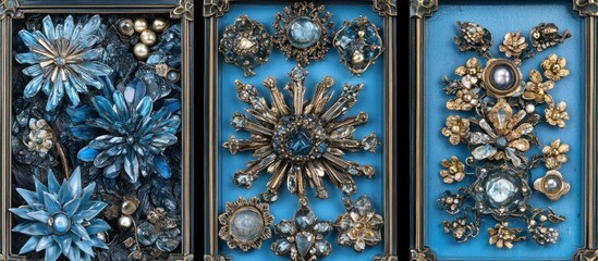 Detailed vintage brooch display, blue and gold floral designs, framed panels