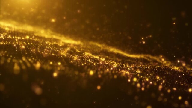 Golden particles flowing across a dark background with a bright light shining from the top left corner
